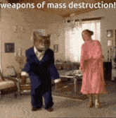 a cat in a suit and a woman in a pink dress dancing in a living room with the caption weapons of mass destruction