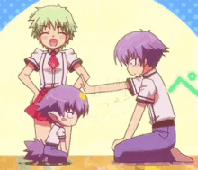 a group of anime characters including a girl with green hair and a boy with purple hair kneeling down