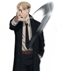 a drawing of a man in a suit and tie holding a sword