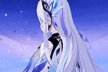 a girl with long white hair and blue feathers is standing in the snow .