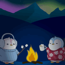 two penguins are roasting marshmallows over a campfire at night