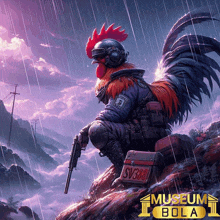 a rooster with a helmet and a gun is sitting on a rock next to a box with sv388 on it