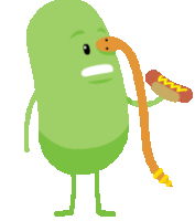 a green cartoon character is eating a hot dog with mustard on it