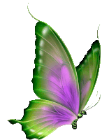 a green and purple butterfly is flying in the air