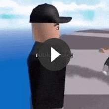 a roblox character wearing a black hat is standing in front of a blue ocean .