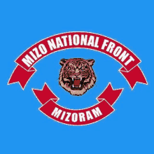 a logo for the mizo national front with a tiger 's head and a red ribbon .