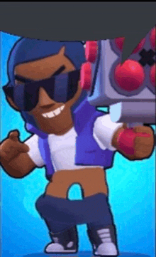 a cartoon character wearing sunglasses and headphones is holding a gun in his hand .