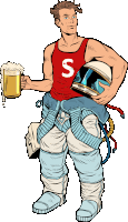 a man in a red tank top with the letter s on it is holding a beer and a helmet