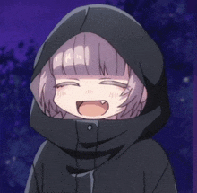 a girl with purple hair is wearing a black jacket with a hood