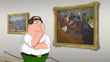 peter griffin is wearing headphones while looking at a painting .