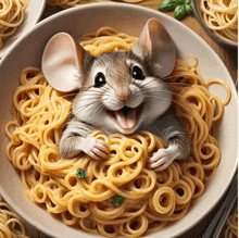 a mouse is sitting in a bowl of noodles