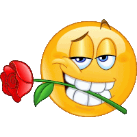 a smiley face is holding a red rose in his mouth