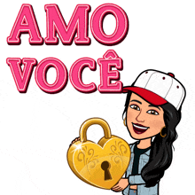 a cartoon of a woman holding a heart shaped padlock with the words amo voce behind her