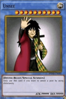 a yu gi oh card with a picture of a man holding a cross and a red coat .