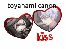 a picture of a boy and a girl in heart shaped frames with the words kiss on the bottom