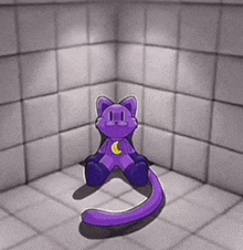 a purple cat is sitting in a corner of a room with a crescent moon on its chest .