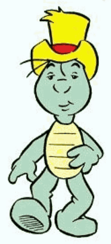 a cartoon turtle wearing a yellow top hat is walking .