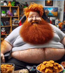 a man with red hair and a beard is sitting in a chair next to a bowl of cookies