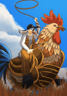 a cartoon drawing of a man riding a rooster with a lasso