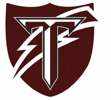 a maroon shield with a white t and a lightning bolt on it