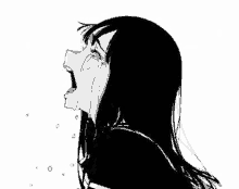 a black and white drawing of a girl crying with her mouth open and tears running down her face .