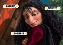 a close up of a woman 's face with the words gaslight gatekeep and gorlboss surrounding her