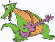 a cartoon dragon is holding a purple guitar .