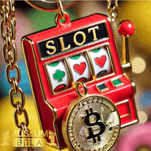 a necklace with a slot machine and a bitcoin coin