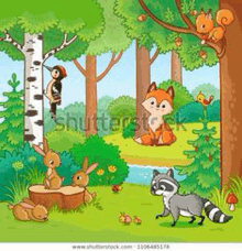 a cartoon illustration of a forest with animals and trees