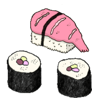 a drawing of three rolls of sushi and a piece of sushi on a white background