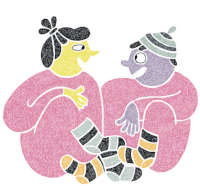 a cartoon drawing of a man and a woman with striped socks