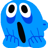 a blue cartoon character with big eyes and a surprised expression