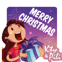 a cartoon of a girl holding a gift and the words merry christmas