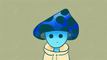 a cartoon character with a blue mushroom hat on his head and a blue face .