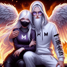 a man wearing a white hoodie with the letter m on it is sitting next to a woman wearing a black mask