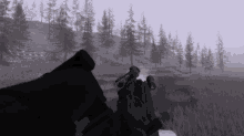 a person is holding a gun in a foggy field