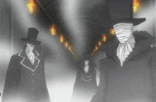 three men in top hats with bandages on their faces are standing in a hallway