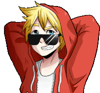 a cartoon character wearing sunglasses and a red hoodie