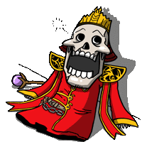 a cartoon of a skeleton wearing a red robe and crown