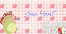 a frog is holding a rainbow flag in front of a pink background that says " new boost "