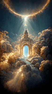 a castle in the clouds with the sun shining through the doorway