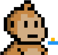 a pixel art of a monkey holding a blue and yellow block .