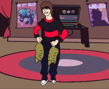 a pixel art drawing of a person holding a bag of money in front of a computer