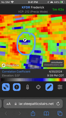 a phone screen shows a map of kfdr frederick with a correlation coefficient of 0.5