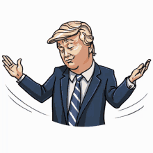 a cartoon of donald trump in a suit and tie with his arms outstretched