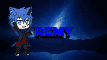 a cartoon character with the name remy on the bottom