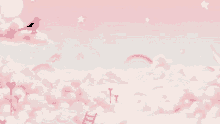 a bird is sitting on top of a pink cloud with a rainbow in the background