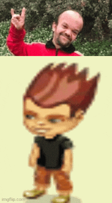 a man in a red jacket is next to a cartoon character with red hair .