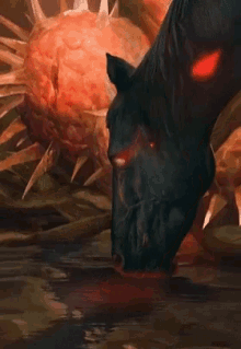 a black horse with red eyes drinking from a puddle of blood