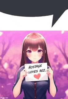 a girl is holding up a sign that says hostage loves rez